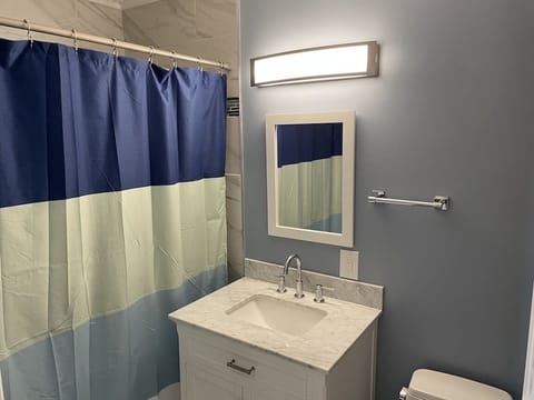 Combined shower/tub, hair dryer, towels, soap