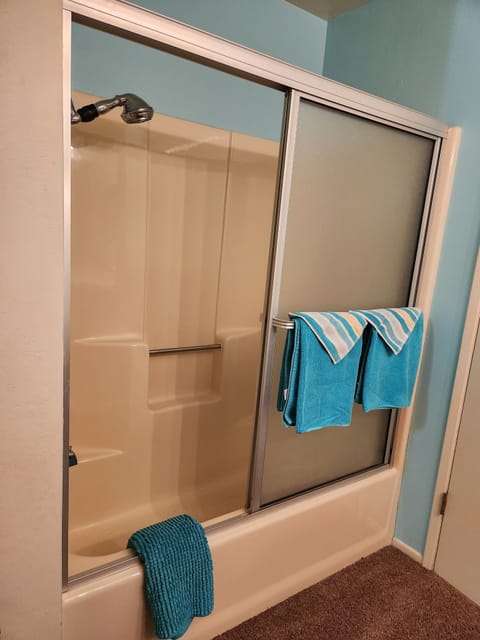 Combined shower/tub, hair dryer, towels, soap