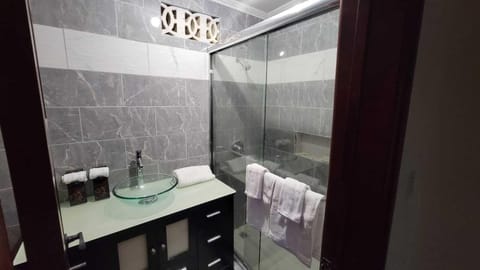 Shower, jetted tub, hair dryer, towels