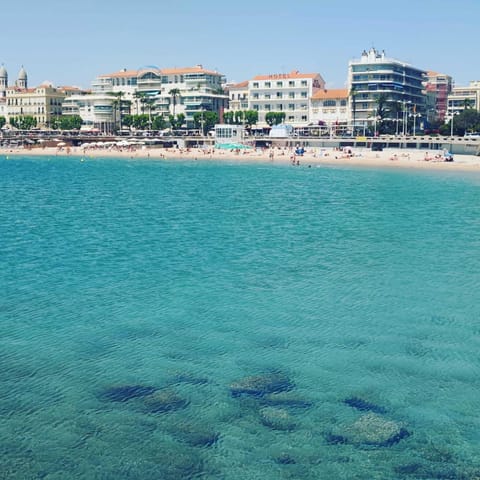 On the beach, sun loungers