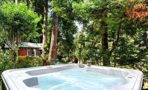 An amazing hot tub set up on a deck to overlook the creek