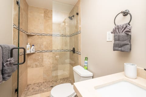 Combined shower/tub, hair dryer, towels, soap