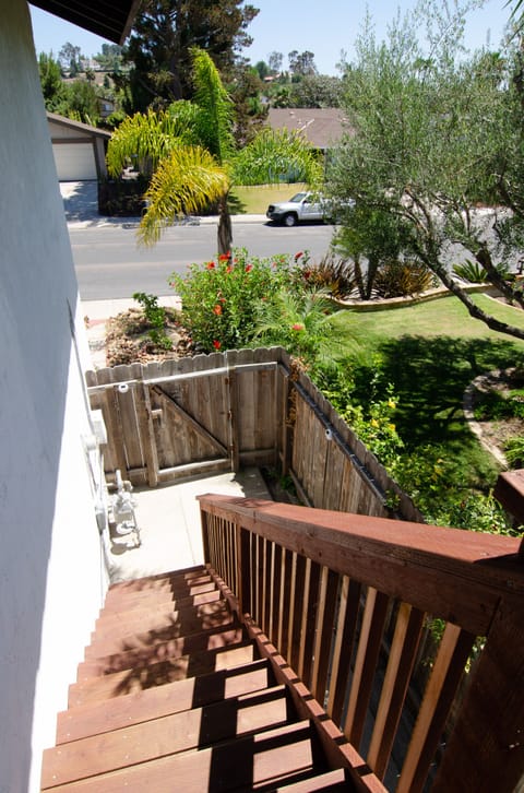 View from the top of the stairs looking towards the gated entrance.