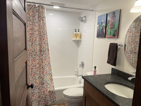 Combined shower/tub, hair dryer, towels, soap