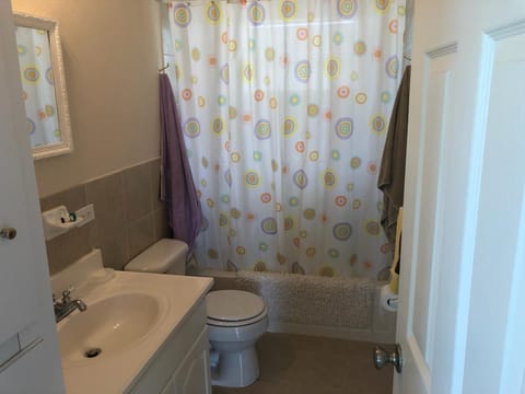 Combined shower/tub, hair dryer, towels, soap