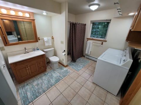 Combined shower/tub, towels, shampoo, toilet paper