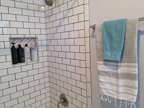 Combined shower/tub, hair dryer, towels, soap