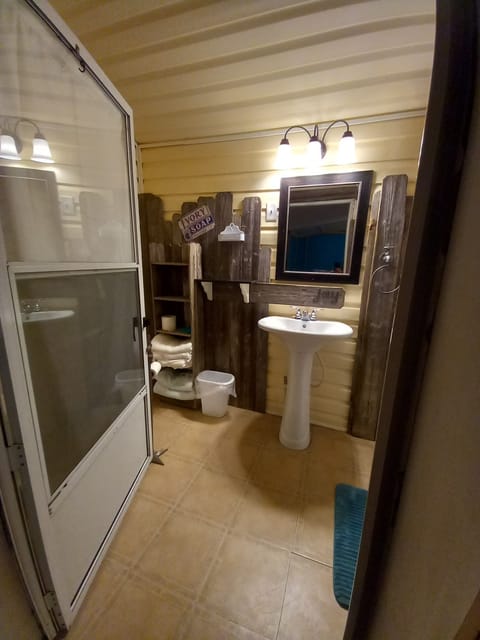 Combined shower/tub, hair dryer, towels, soap