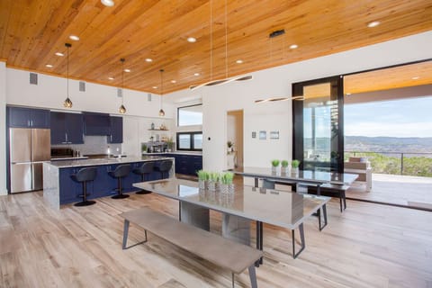 The dual dining tables are great for sharing meals or playing board games. 