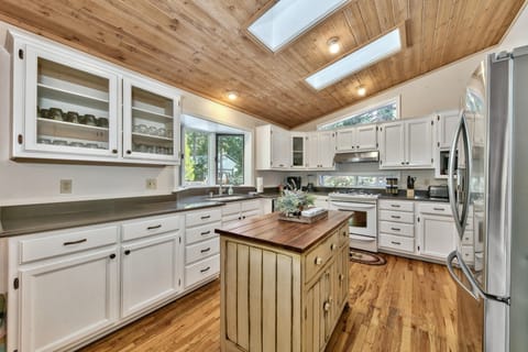 Kitchen has lots of counter space and storage.