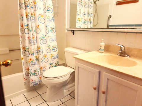 Combined shower/tub, hair dryer, towels, toilet paper