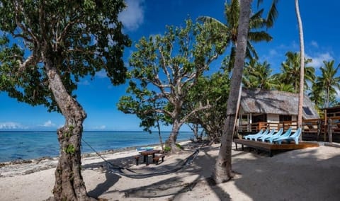 On the beach, sun loungers, beach towels