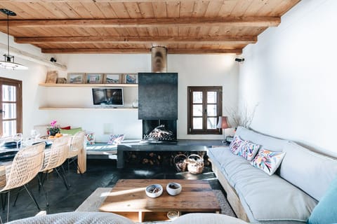 TV, fireplace, books, stereo