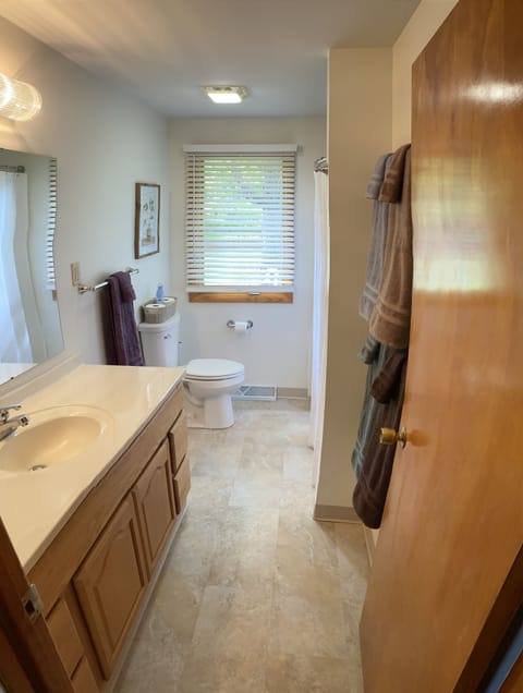 Combined shower/tub, hair dryer, towels, toilet paper