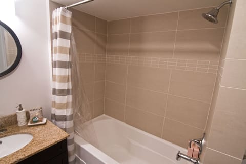 Combined shower/tub, hair dryer, towels, soap