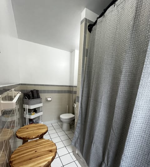 Combined shower/tub, hair dryer, towels, soap