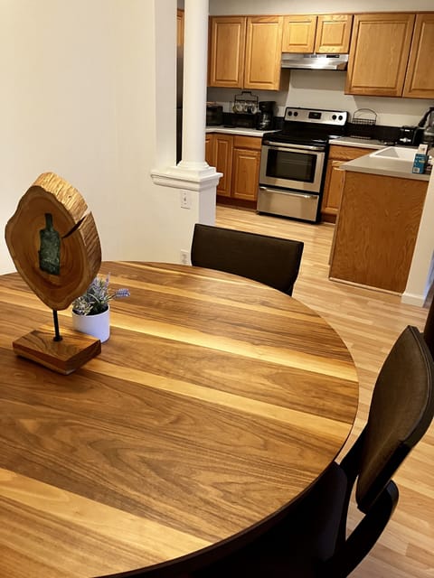 The dining area and the kitchen are where everyone enjoys a meal