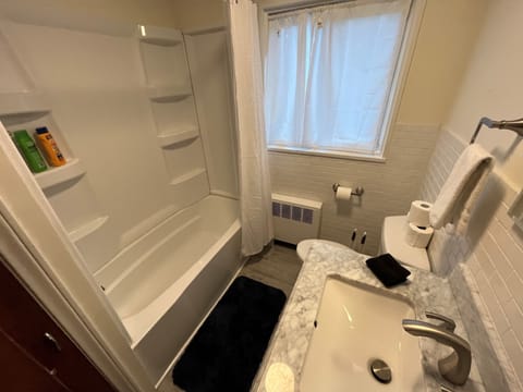 Combined shower/tub, towels, toilet paper