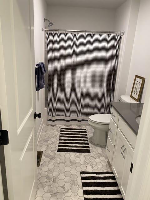 Combined shower/tub, hair dryer, towels, soap