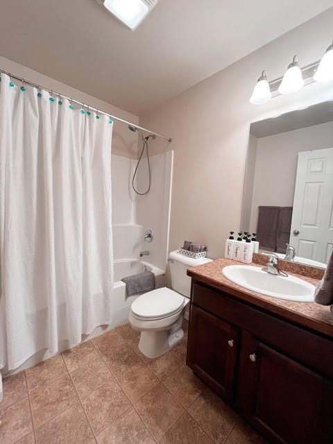 Combined shower/tub, hair dryer, towels, soap