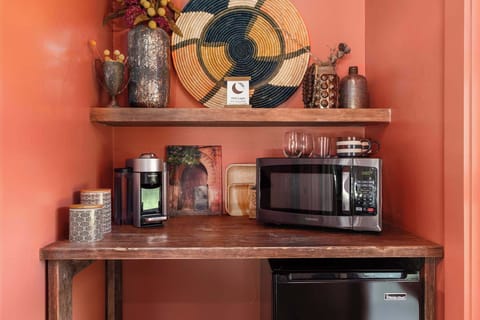 Mini fridge, microwave and Nespresso