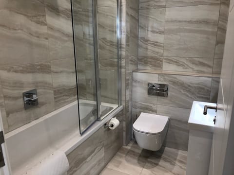 Combined shower/tub, hair dryer, towels, soap