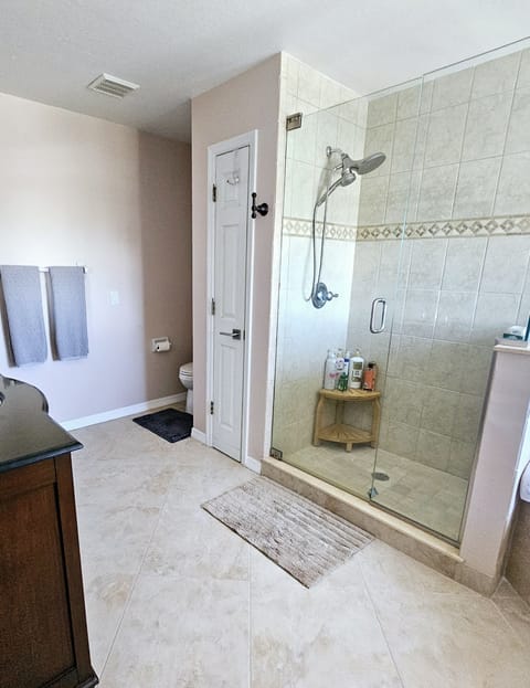 Combined shower/tub, hair dryer, towels, soap