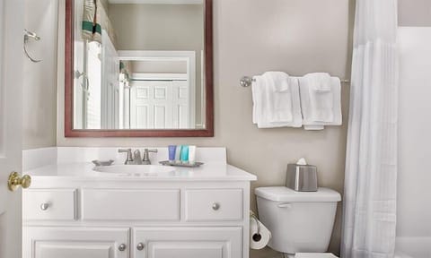 Bathtub, jetted tub, hair dryer, towels