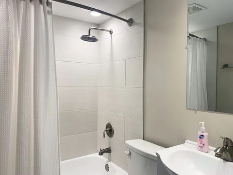 Combined shower/tub, hair dryer, towels, soap