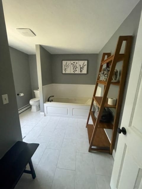 Combined shower/tub, jetted tub, hair dryer, towels