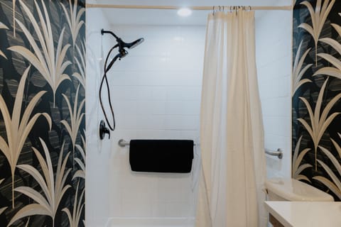 Combined shower/tub, hair dryer, towels, soap