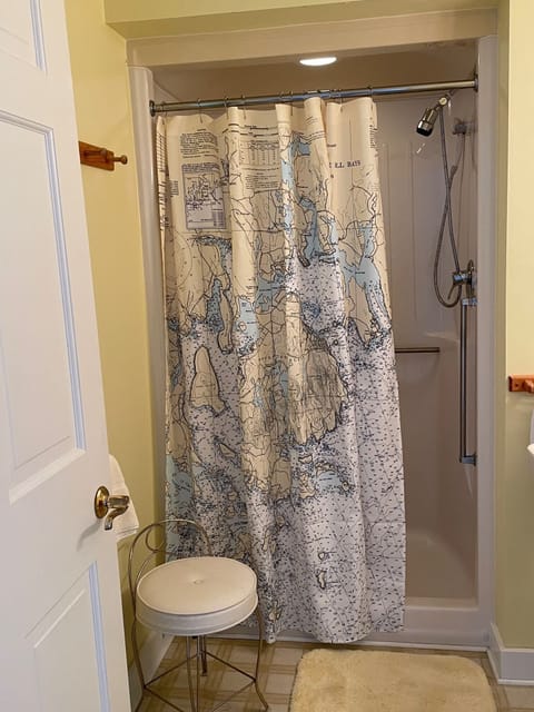 Combined shower/tub, hair dryer, towels, soap