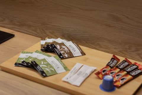 Close-up of coffee and tea bags.