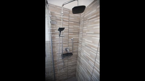 Combined shower/tub, hair dryer, towels