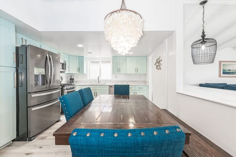 The dining table seats 6-8.