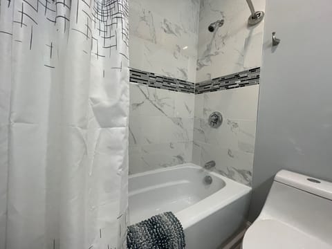 Combined shower/tub, towels, toilet paper