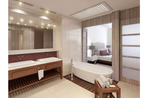 Jetted tub, hair dryer, towels, soap