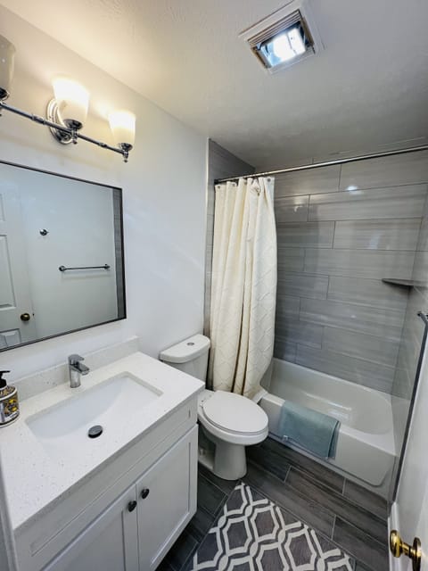 Combined shower/tub, hair dryer, towels