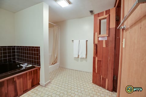 Combined shower/tub, hair dryer, towels