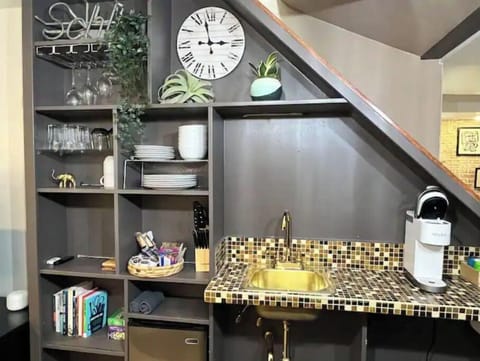 Brass sink, coffee, toaster, microwave, induction burner, pots & pans