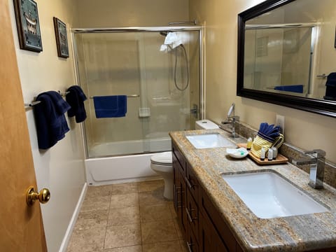 Combined shower/tub, hair dryer, towels, soap