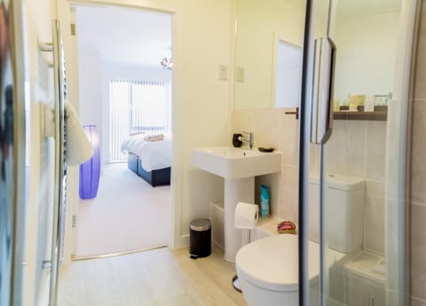 Combined shower/tub, hair dryer, towels, soap