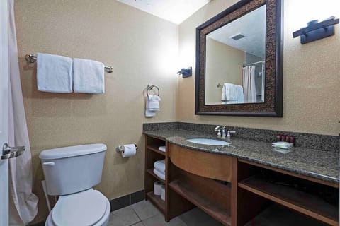 Combined shower/tub, hair dryer, towels, soap