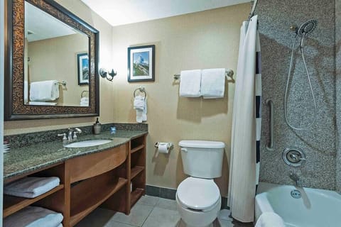 Combined shower/tub, hair dryer, towels, soap