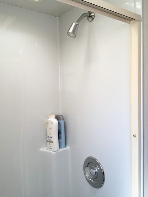 Combined shower/tub, hair dryer, shampoo