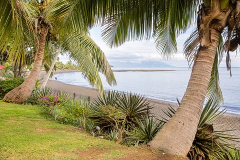 On the beach, sun loungers, beach towels