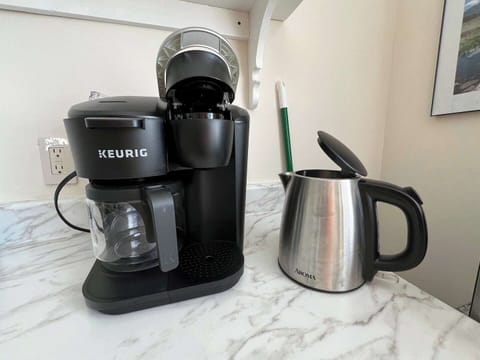 Keurig coffee maker, plus a hot water kettle for the tea drinkers