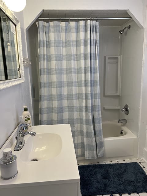 Combined shower/tub, hair dryer, towels