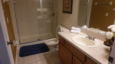 Combined shower/tub, hair dryer, towels, soap