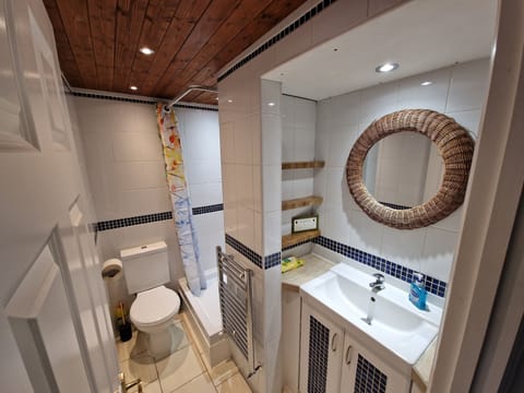 Combined shower/tub, hair dryer, towels, soap